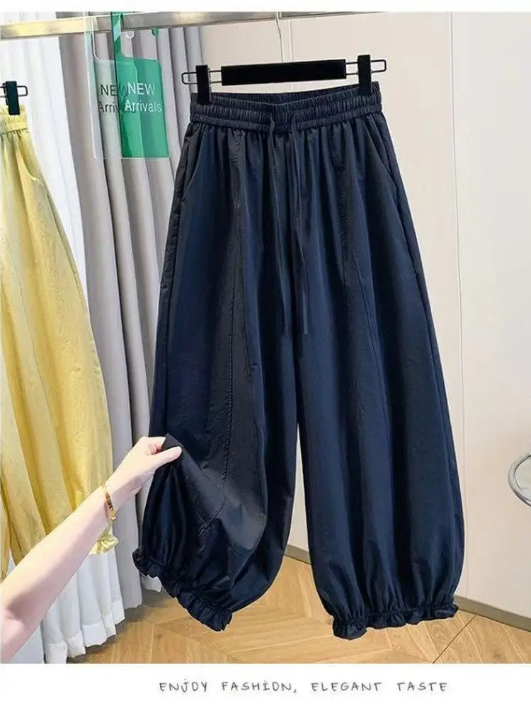 

Casual Ice Silk Quick Dry Lantern Pants Women Summer Thin Loose Drawstring Bloom Wide Leg Pants High Waist Flared Trousers