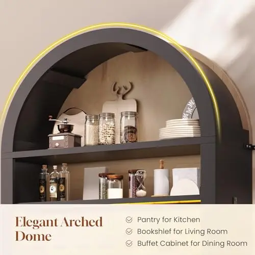 73" Tall Arched Bakers Rack with Power Outlet and LED Light, Farmhouse Coffee Bar Cabinet, Kitchen Microwave Stand with image 5