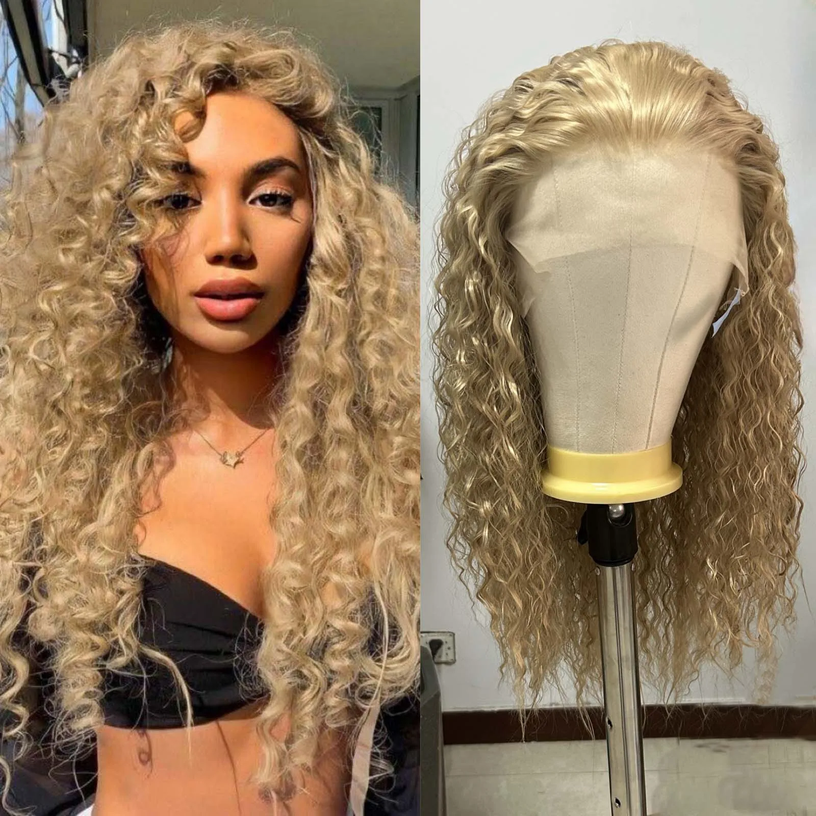 

Ash Blonde Curly Synthetic Lace Front Wig Free Part Long Blonde Loose Curly 13X4 Frontal Heat Resistant Fiber Wigs for Women