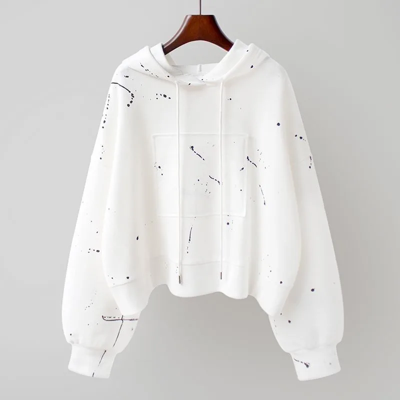 

Женская однотонная толстовка с капюшоном и нерегулярным принтом на шнурке в стиле пэчворк, свободный повседневный удобный женский топ