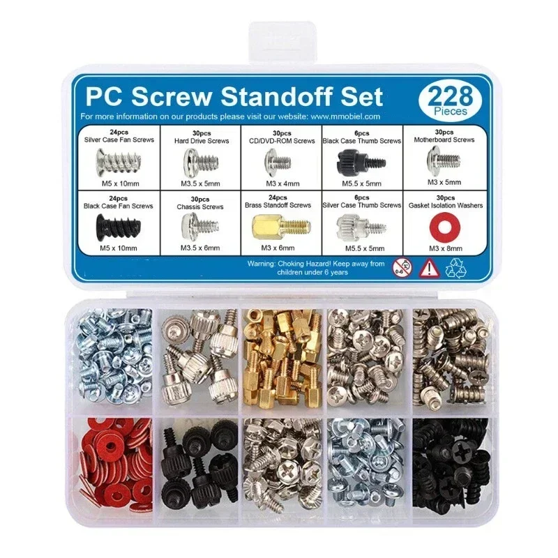 228pcs PC Screw Standoff Set Hard Disk Drive Fan Motherboard Power Supply Server Assemble Repair Hand Screw Bolt Standoff Kit
