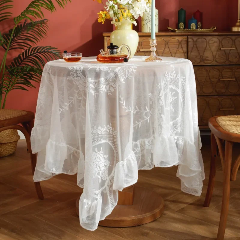 White Lace Wedding Tablecloths European Style Aesthetic Hollowed Out Insets Ruffle Edge Decorative Fabric Art Table Cloth