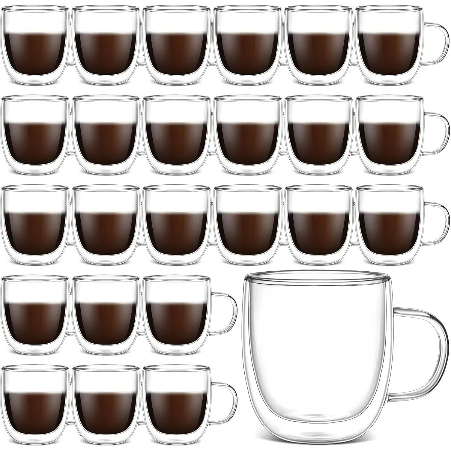 

24 упаковки стеклянных кофейных кружек с двойными стенками и ручкой, 10 унций, изолированные прозрачные чашки для эспрессо для домашнего офиса, идеально подходят для сервировки H