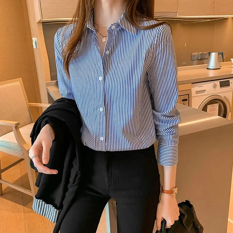 Women Spring Summer Blouses Shirts Lady Fashion Casual Long Sleeve Turn-down Blue Stripes Blusas Tops