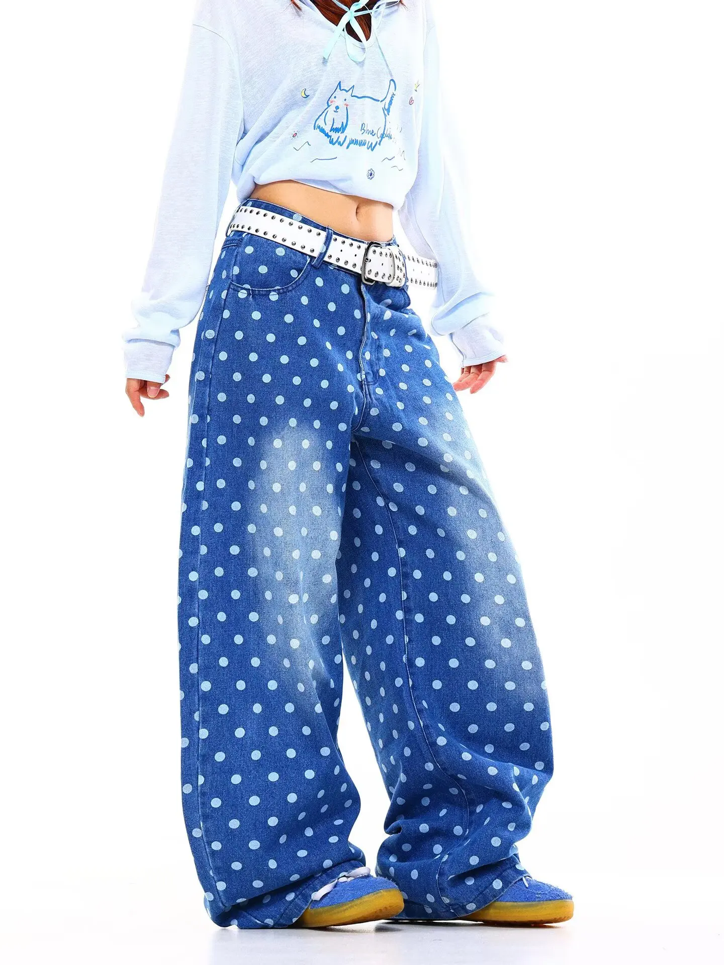 American Style Vintage Washed Polka Dot Knife Wide Leg Jeans Women Loose Floor Length High Waist Loose Small Curved Knife Drag P