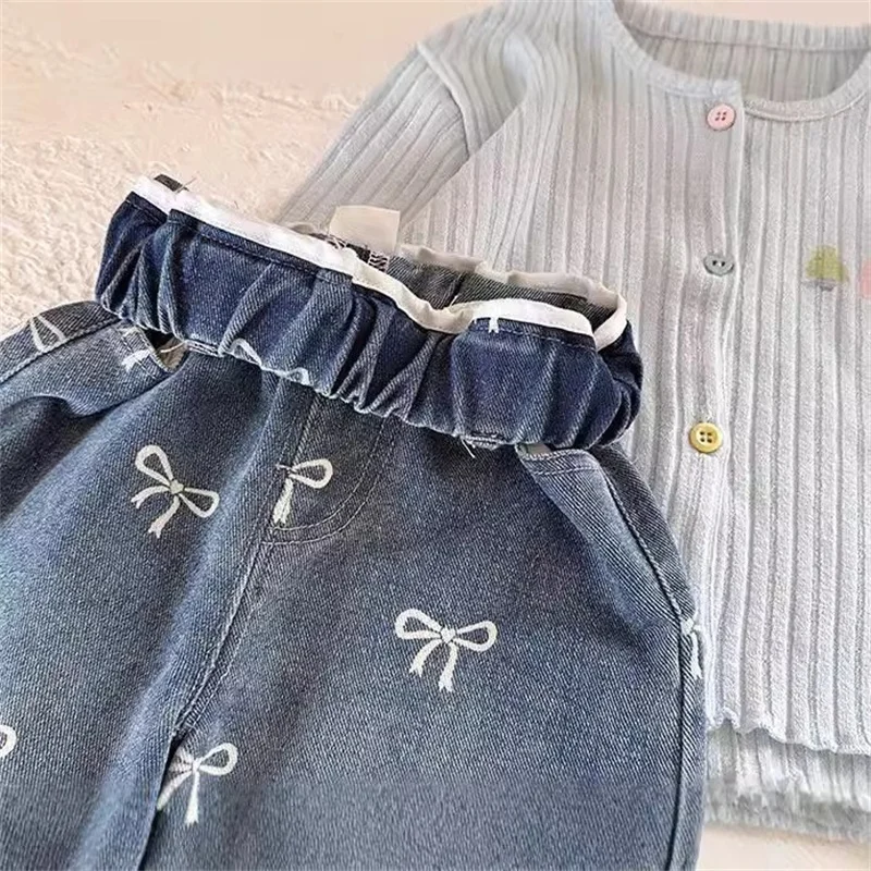 Girls Print Bow Jeans 2024 New Autumn Spring Children Loose Fashion Pants Kids Baggy Straights Baby Wide Leg trousers 1-6 Years
