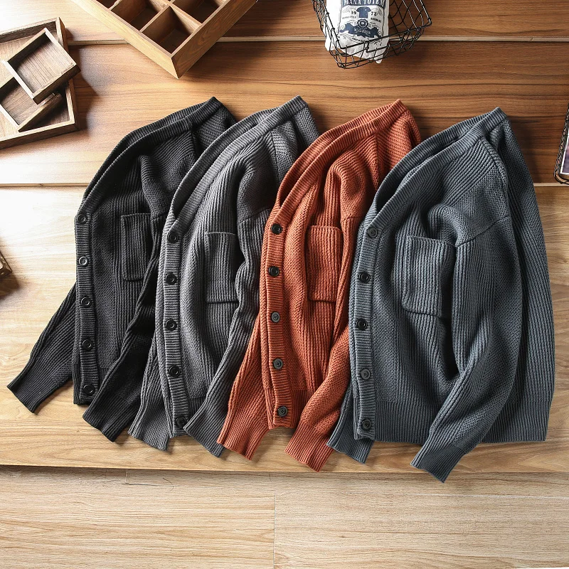 

Осенняя новинка: Мужской кардиган в японском ретро-стиле из чистого хлопка, толстый вязаный свитер с V-образным вырезом для молодежи