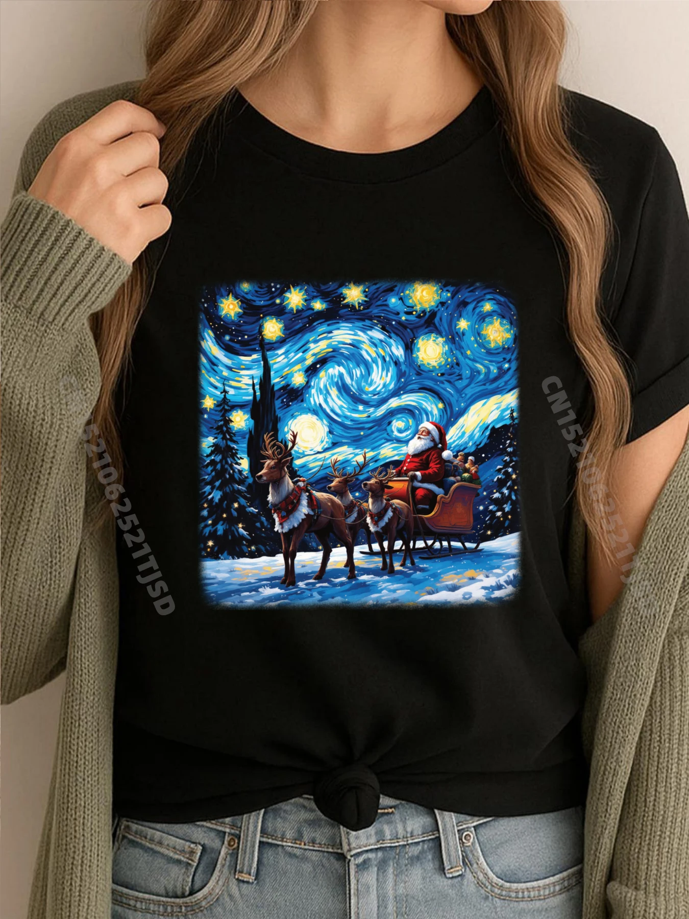 

Ван Гог Звездная Ночь Рождество Зима Санта Снежная Ночь футболка Одежда День Благодарения