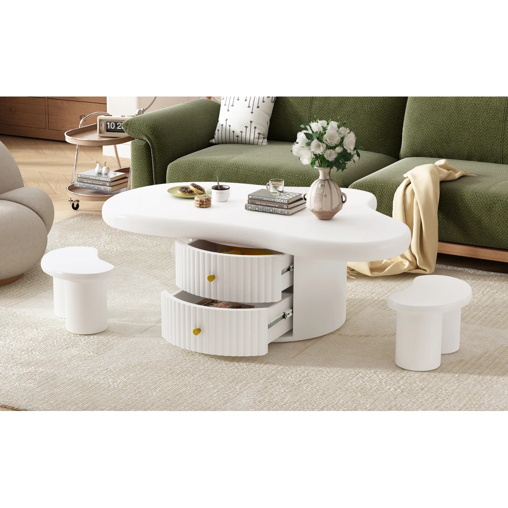 U-Can Cloud Coffee Table Set of 3 Irregular Shape Coffee Table with 2 Drawers 2 Small Stools for Living Room