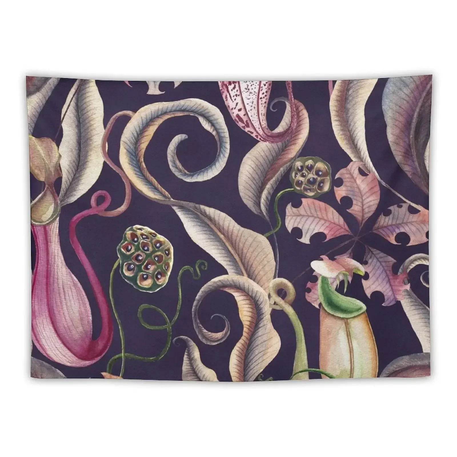 

Carnivorous fantasy plants on dark background. Exotic tropical flowers watercolor. Tapestry Room Aesthetic Tapestry