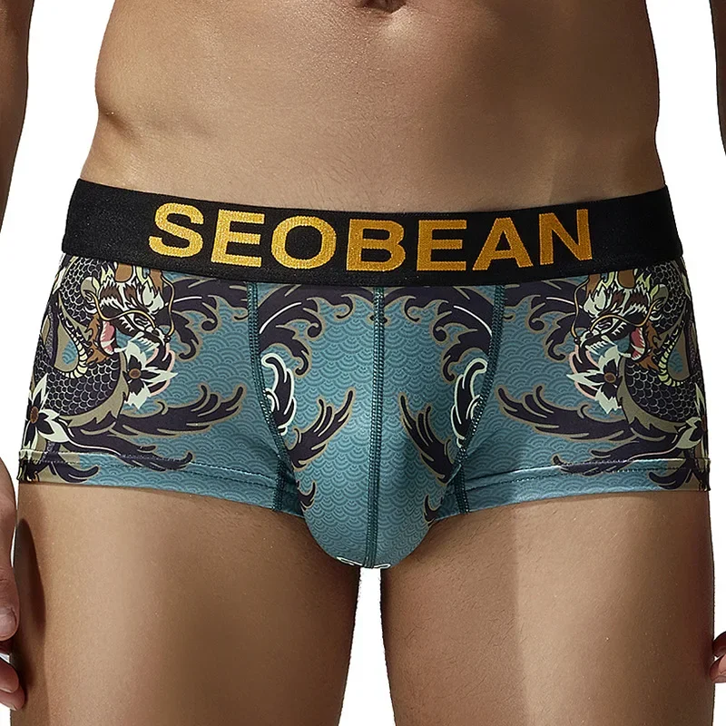 Men's U Convex Pouch Underwear for Young Low Waist Single-layer Pocket Underpant Boy Polyester Printed Dragon Totem Boxer Shorts