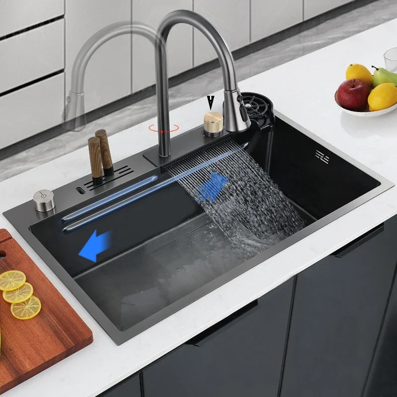 

Waterfall Faucet 304 Stainless Steel Kitchen Sink with Knife Holder Topmount Vegetable Washing Basin Bowl Chopping Board