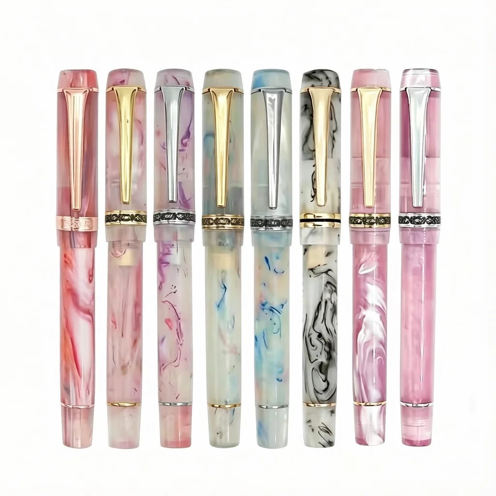 Kaigelu 316 Acrylic Fountain Pen Polish Nib Gold Clip White Marble Amber Pattern Ink Pen Writing Gift Students Office Business