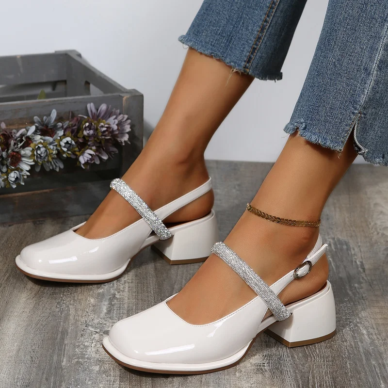 Women Sandals Thick Heel Square Toe Classic Female Mary Jane Shoes 2023 New Design Elegant Shallow Single Shoes Patent Leather