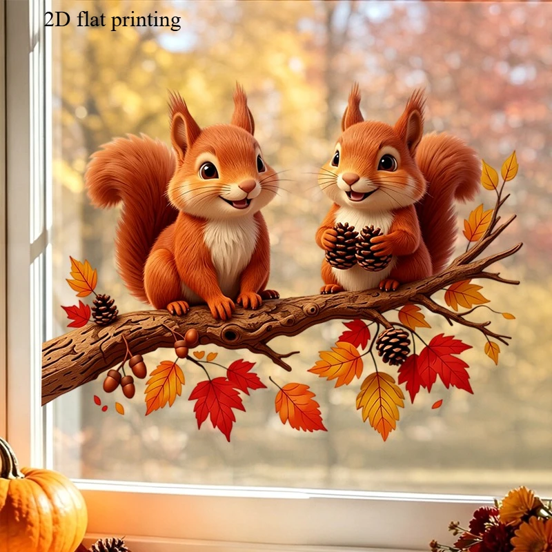 Thanksgiving-Eichhörnchen statische Fensterfolie, Herbst-Ernte-Glasaufkleber, abnehmbarer, wiederverwendbarer Fensteraufkleber für die Herbstdekoration zu Hause.
