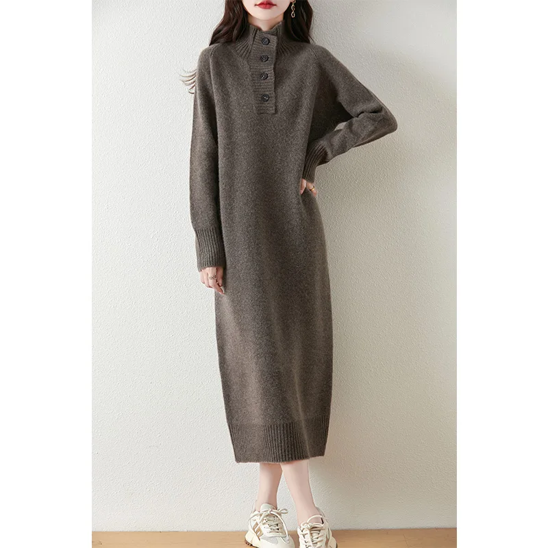 100% pure wool vestido ladies hot sale Autumn/Winter 2024 new fashion cashmere dress women\'s turtleneck wool clothing