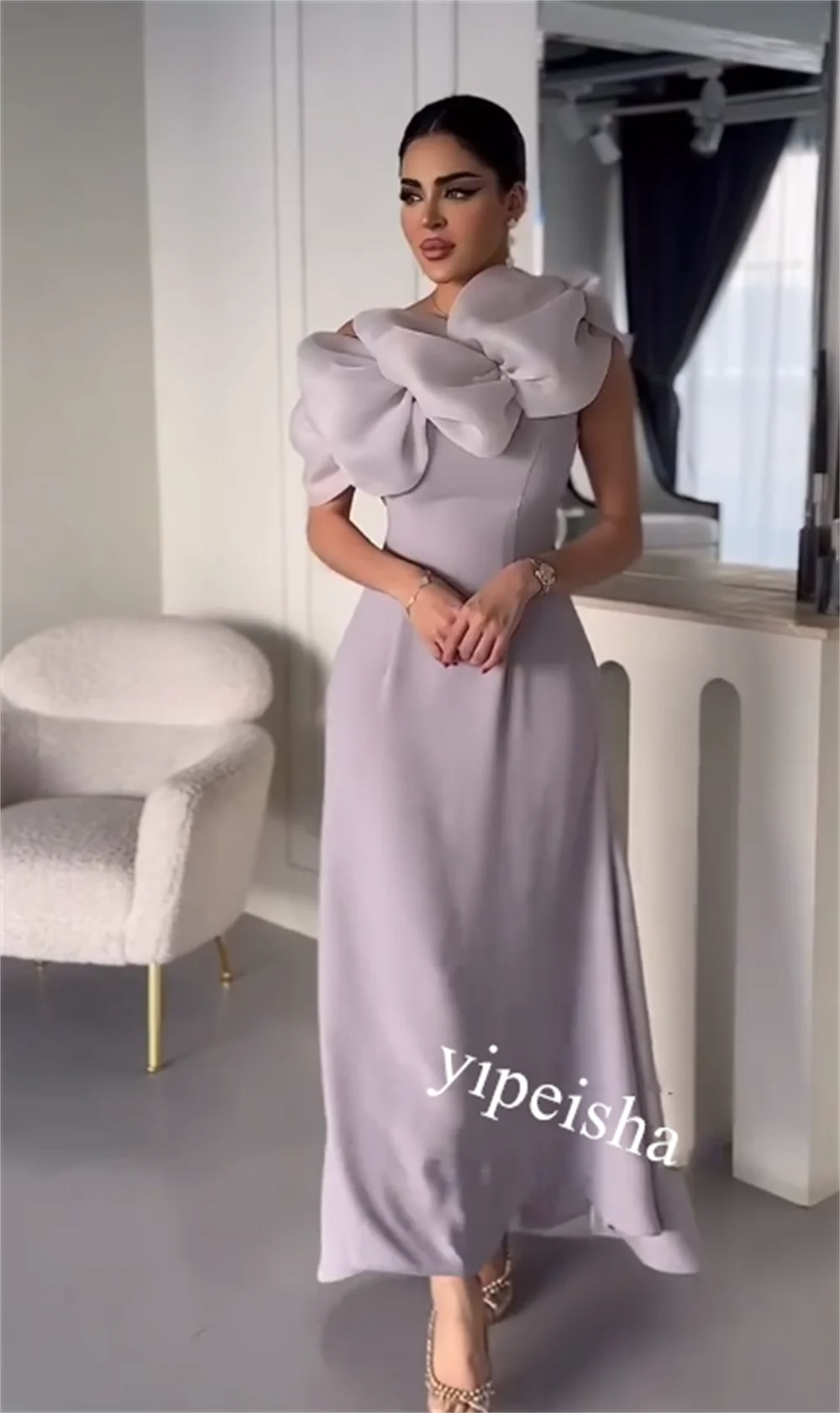 Customized     Jersey Ruffle A-line O-Neck Bespoke Occasion Gown Midi Es Saudi Arabia