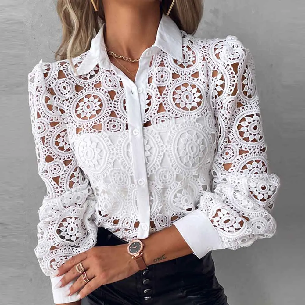 White Lace Patchwork Shirt Blouse Women Spring Summer Unlined Long Sleeve Shirts For Women 2024 Fashion Hollow Out Vintage Tops