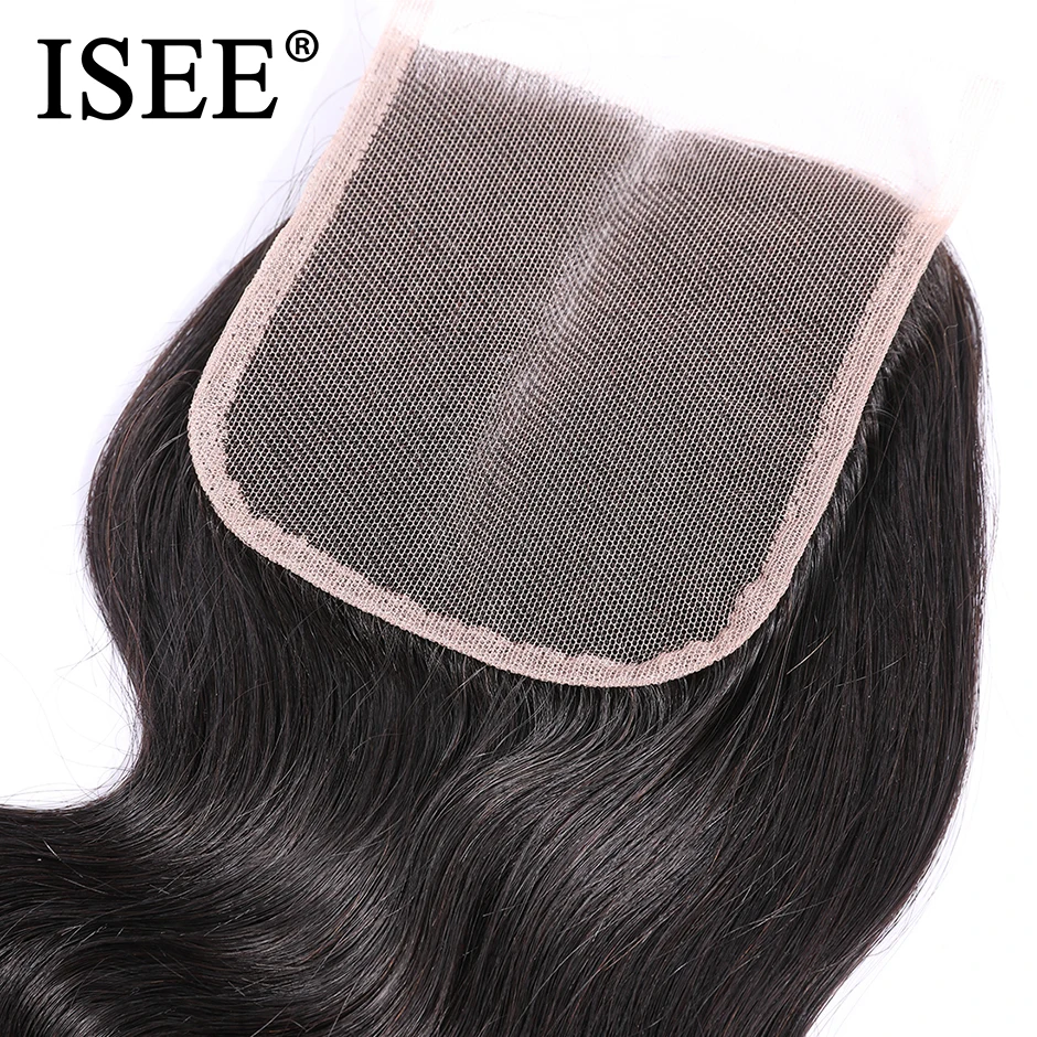 ISEE HAIR Brazilian Body Wave Closure Free Part Hand Tied 100% Remy Human Hair 4*4 Lace Closure Nature Color