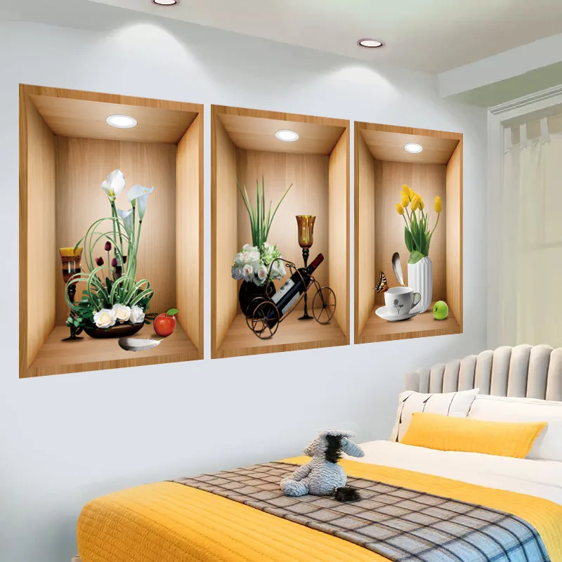 3pc/set greet potted plants wall sticker home decoration living room self adhesive 3d vase wall decal
