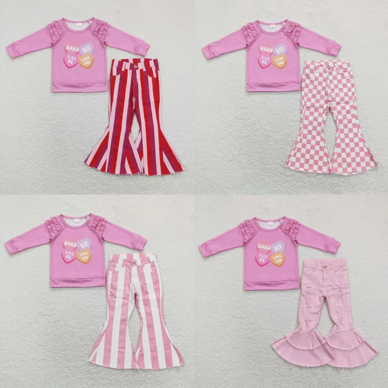 

Wholesale Baby Girl Pink Long Sleeves Hearts Shirt Stripes Denim Pants Jeans Kids Set Toddler Children Valentine's Day Outfit