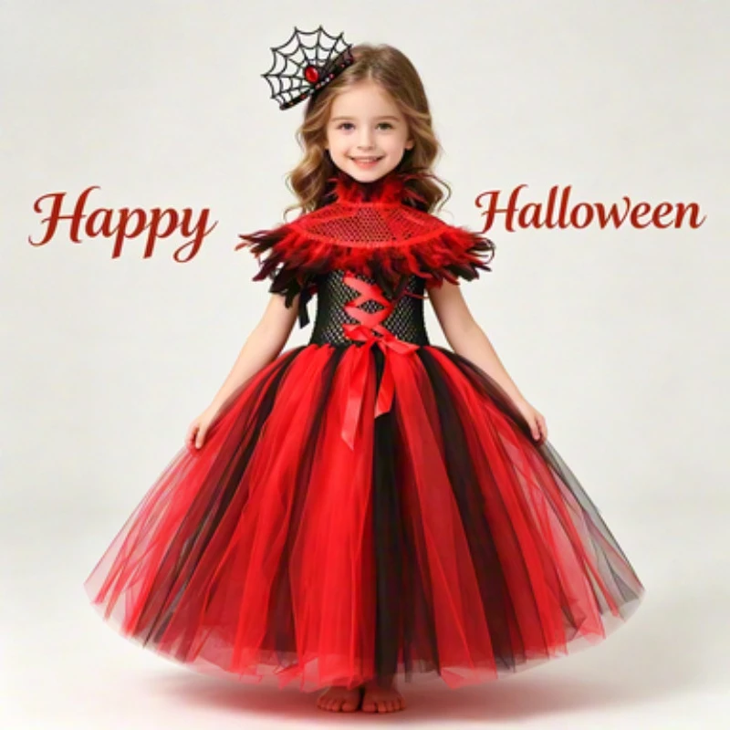 

European and American Style Kids Cartoon Outfits, Exquisite Long Tulle Tutu Dresses for Halloween and Día de los Muertos Dress