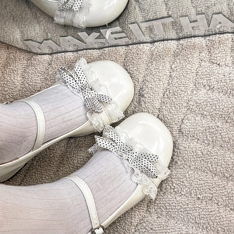 Polka Dot Butterfly-knot Women Lolita Mary Jane Shoes Concise Thick Heel Leather Shoes Ladies Wedding Party Casual Shoes - view 3