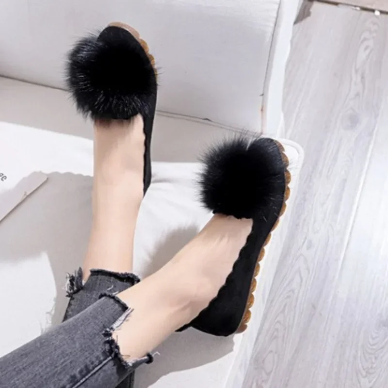 Pompom Fur Balls Shoes Woman Single Flats OL Ladies Dress Shoes Work Loafers Slip on Ballets Shoes Women Velvet Flats