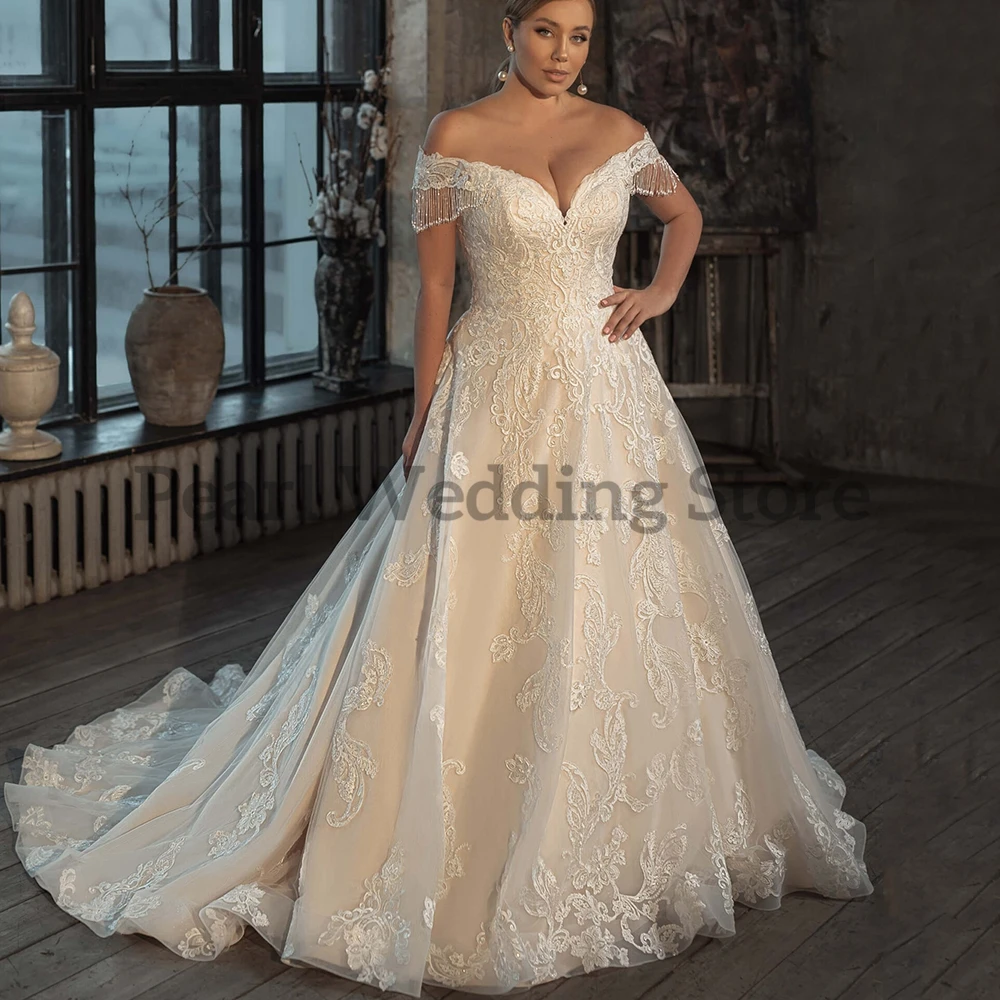 Robe de mariée élégante grande taille, col en v, manches dénudées, pompon perlé, Appliques délicates, robe personnalisée de haute qualité