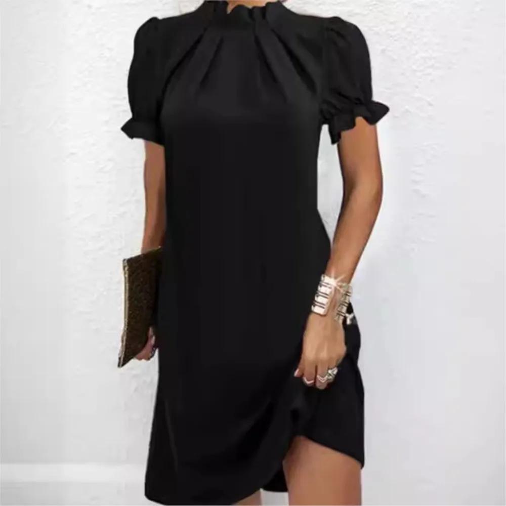 

Summer Women Short Sleeve O Neck Solid Dress Fashion Puff Sleeve Casual Simple Loose A Line Dresses Femme Black Women's Clothing