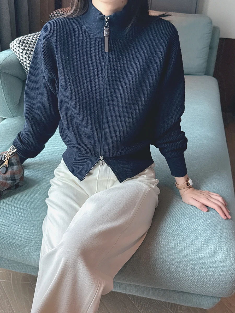 

Deep Blue BC Hollow Design Knitted Pearl Zipper Cardigan Coat Casual Style Waist-Cinching Long Sleeve Short Length Women's Ou...