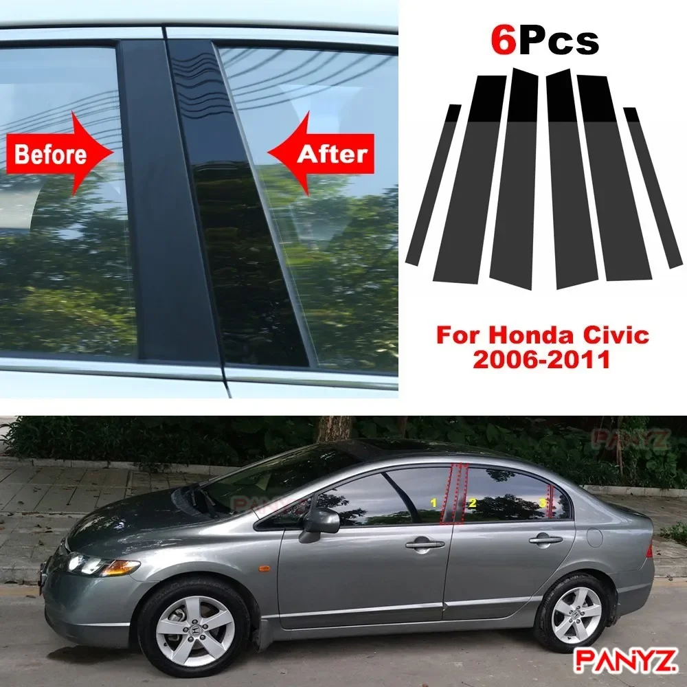 6Pcs Car Window Pillar Posts Cover Trim for Honda Civic 2006-11 Center BC column stickers For Honda Civic 2006-11 Mirror effect