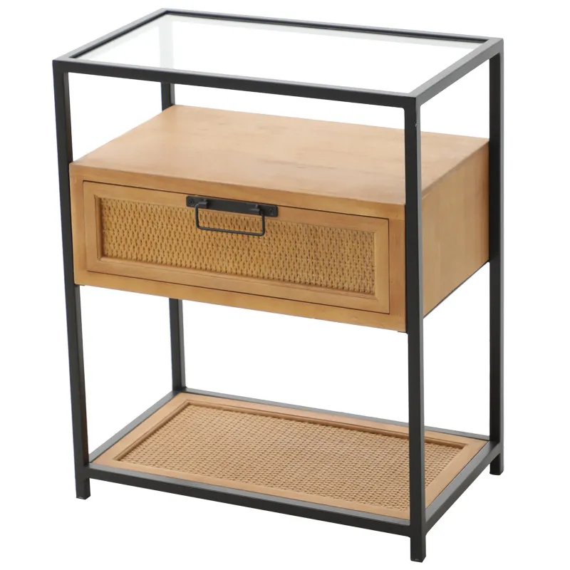 hh-Boho Rattan Drawer Side Table with Glass Top, 2-Tier Storage Nightstand with Black Metal Frame for Living Room & Bedroom^