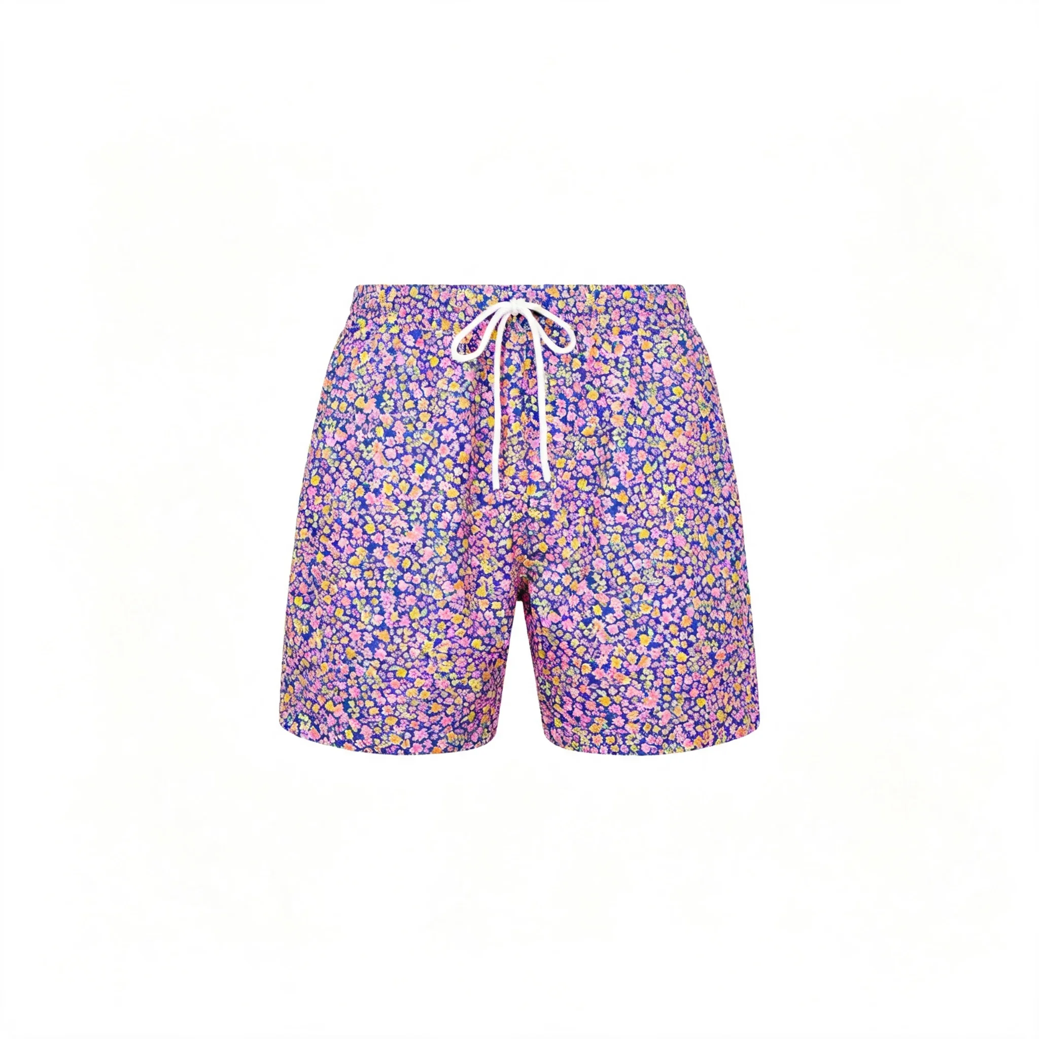 Men's Purple Blue Tiny Floral Print Swim Shorts Elastic Drawstring Pocket Quick Dry Light Beach Casual Trunks