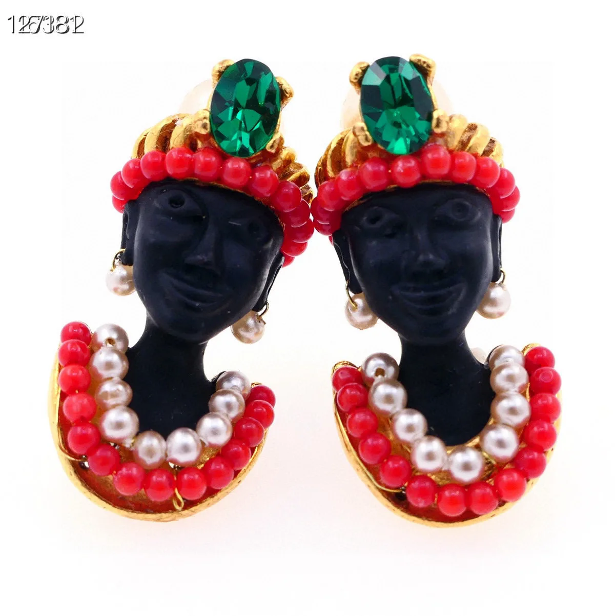 Vintage Black Figure Shape Drop Earrings Red Bead Pearl Emerald Crystal Decor Retro Statement Jewelry Gift