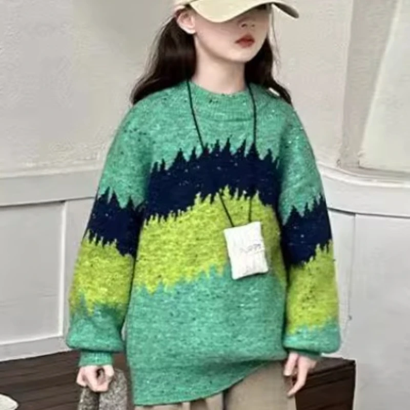 Children's Clothing 2024 Winter New Style for Girls, Middle-Aged and Young Children, Mixed Color Fashion Sweater