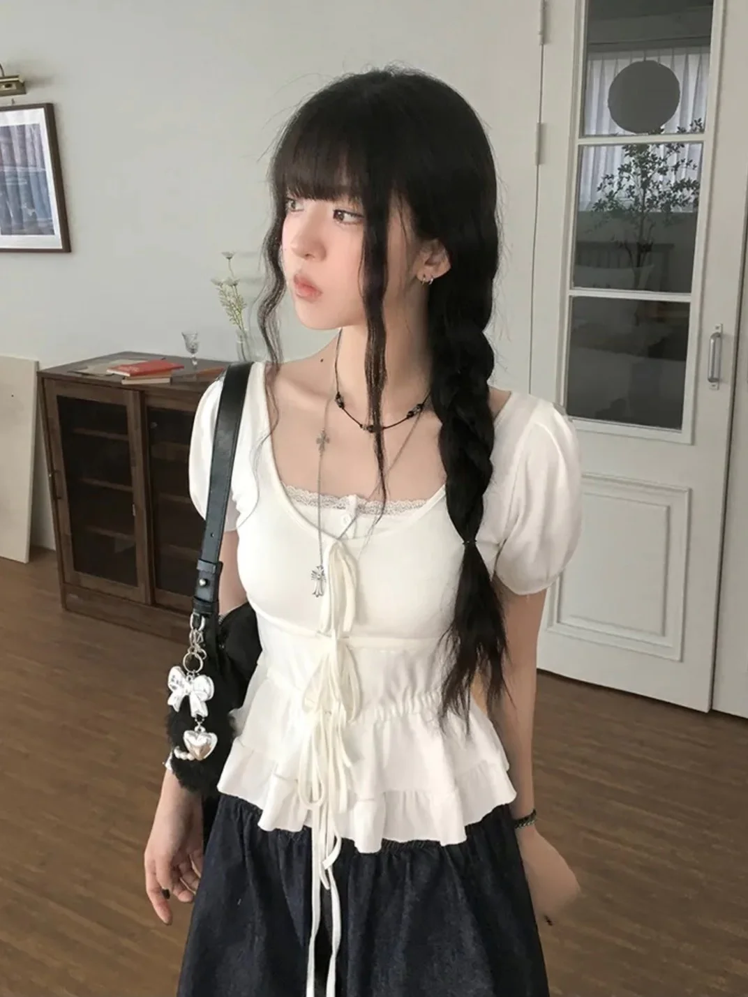 

Корейская летняя футболка женская ort Sve Bubble Sve Knot с кружевной отделкой прямого кроя однотонная одежда для поездок на работу