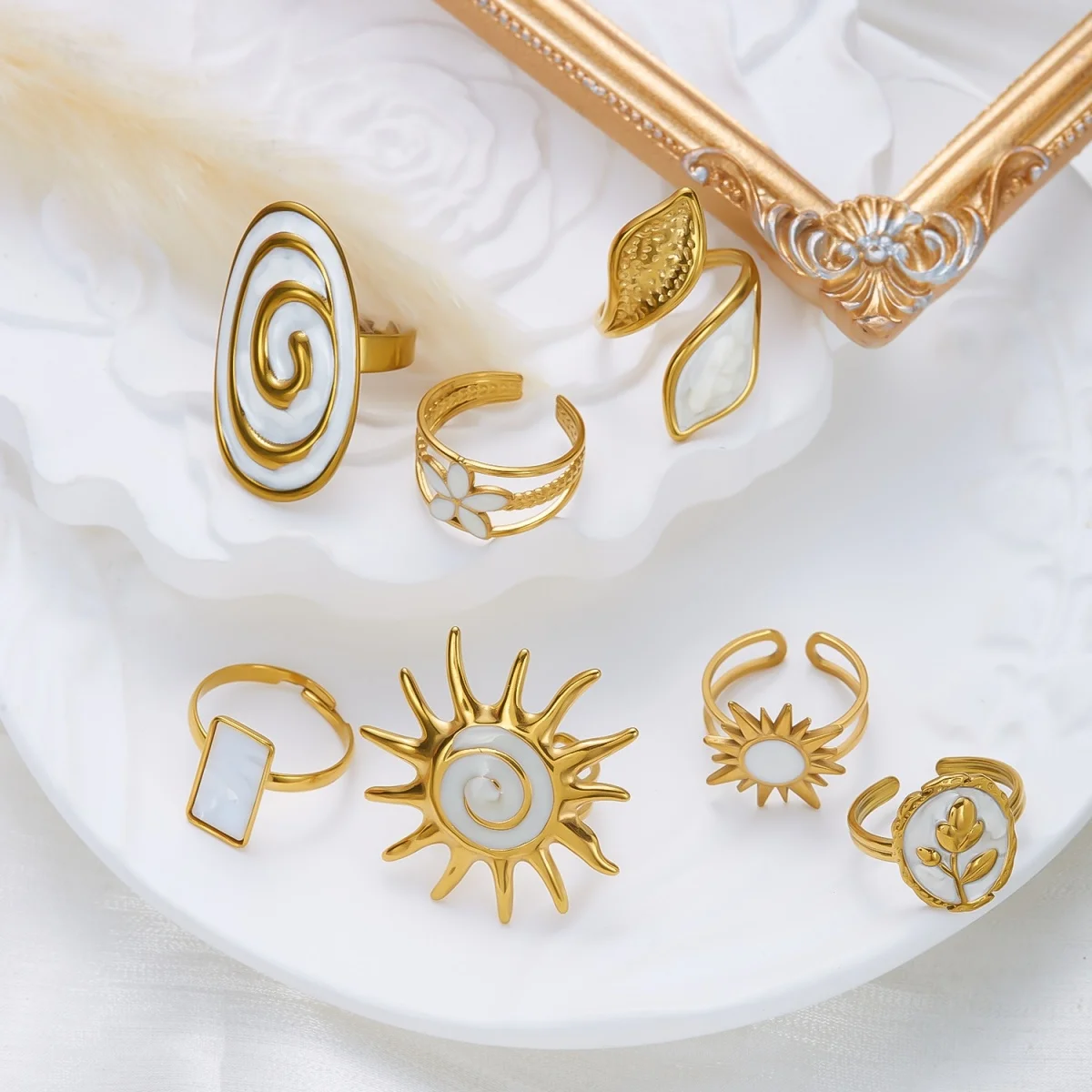 Edelstahl-Emaille-Spiral-Geometrie-Fingerringe für Damen und Herren, Vintage Französische Sonnen-Blatt-Blumen-Ringe, Modeschmuck für Partys. – Detail 17