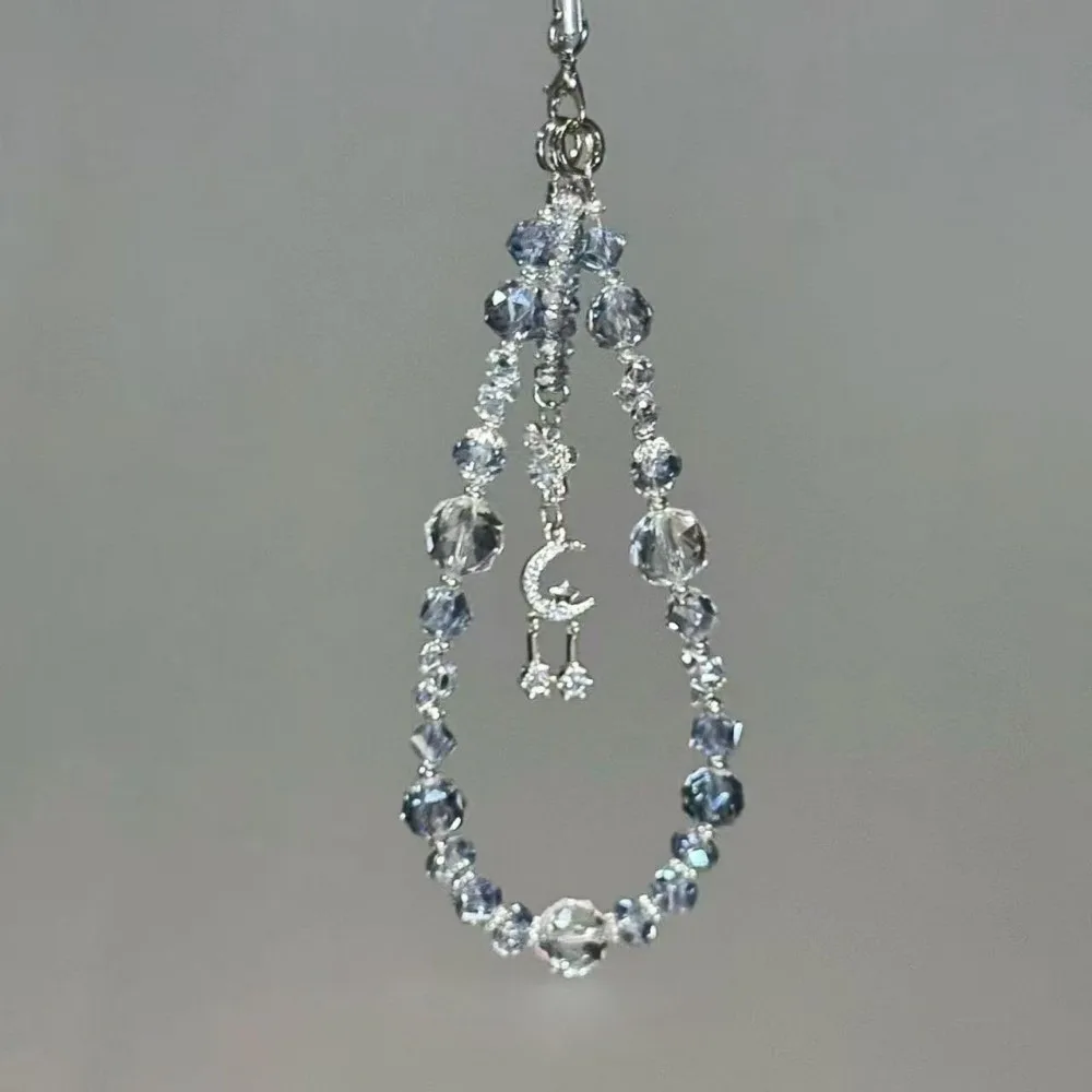 

Блестящий браслет-ремешок для телефона с бабочкой, прозрачный, со стразами, бисером, подвеской-брелоком, синий, цепочка-шнурок для телефона