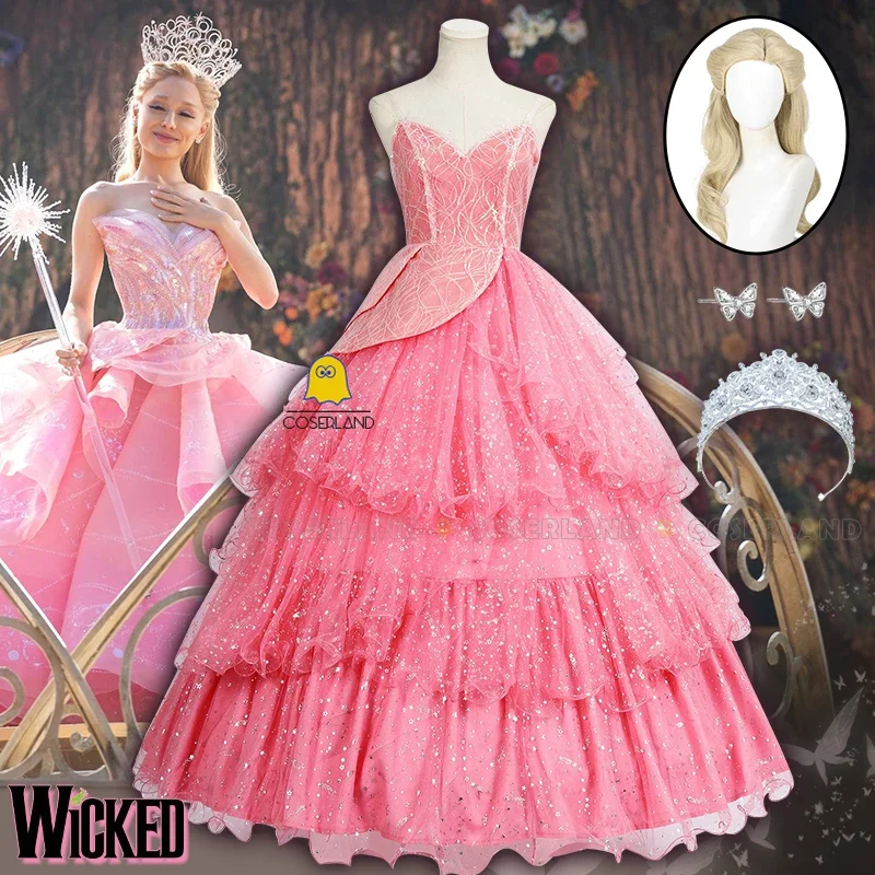 2024 Movie Wicked Glinda Cosplay Costume Pink Princess Dress Crown Props Earrings Halloween Party Women Girls Carnival Outfit