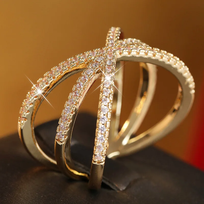 Women's X Shaped Cross Wrapped Ring Inlay White Synthetic Zircon Dynamic Lines Design Exquisite Ring Fashion Jewelry Accessory