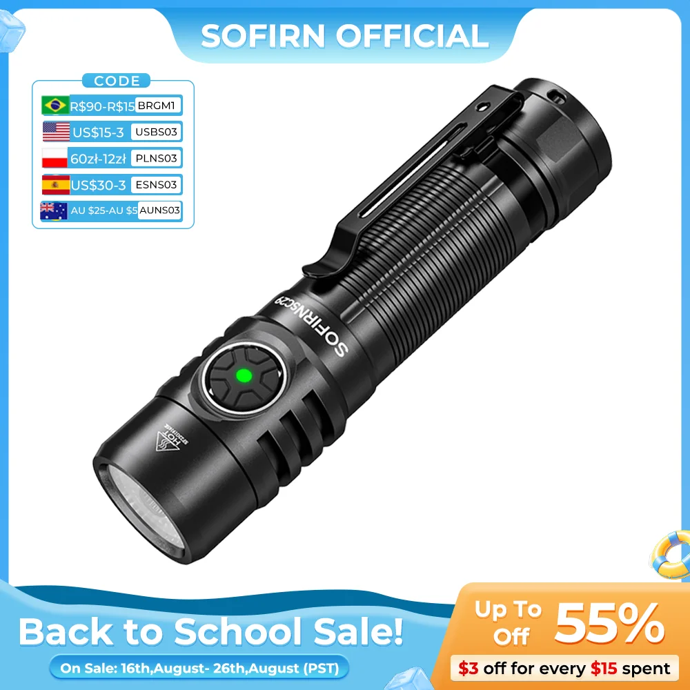 Sofirn SC29 Leistungsstarke Taschenlampe, wiederaufladbar, 3000 Lumen, XHP50B EDC 21700 Taschenlampe, Laterne, IPX8, für Camping, Angeln