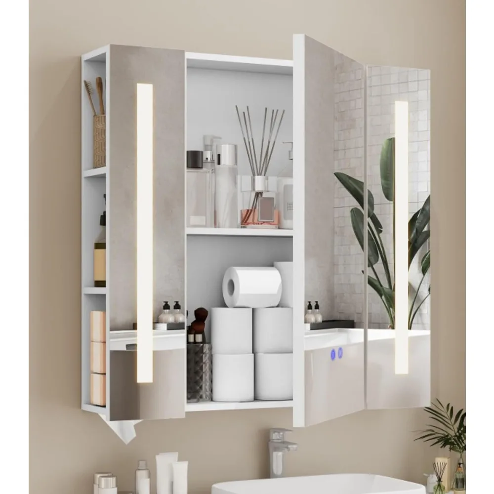

Bathroom Medicine Cabinet Mirror with Storage, Wall Mounted Bathroom Mirror Cabinet with LED Lights, Anti-Fog, 3 Lighti