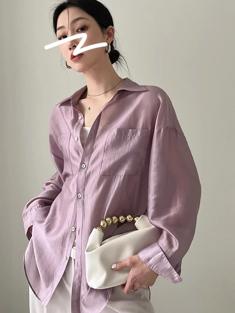 Lacele Summer New Loose Women's Sunscreen Silk Shirt Drapey Style Thin Outerwear Casual Top Fashionable Versatile for All TT276