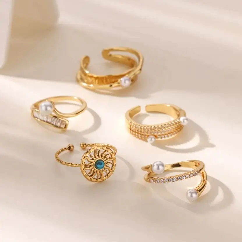 

Vintage Stainless Steel Imitation Pearl Geometry Ring for Women Gold Plated Opening Finger Ring Exquisite Wedding Party Jewelry