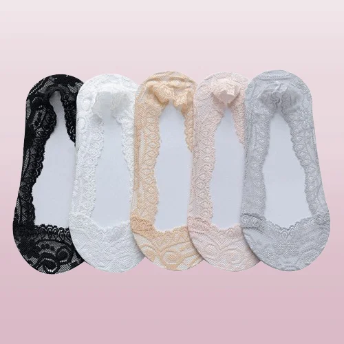 

5/10 Pairs Spring And Summer Lace Boat Socks For Women Silicone Non-slip Shallow Invisible Socks Solid Color Cotton Bottom Socks