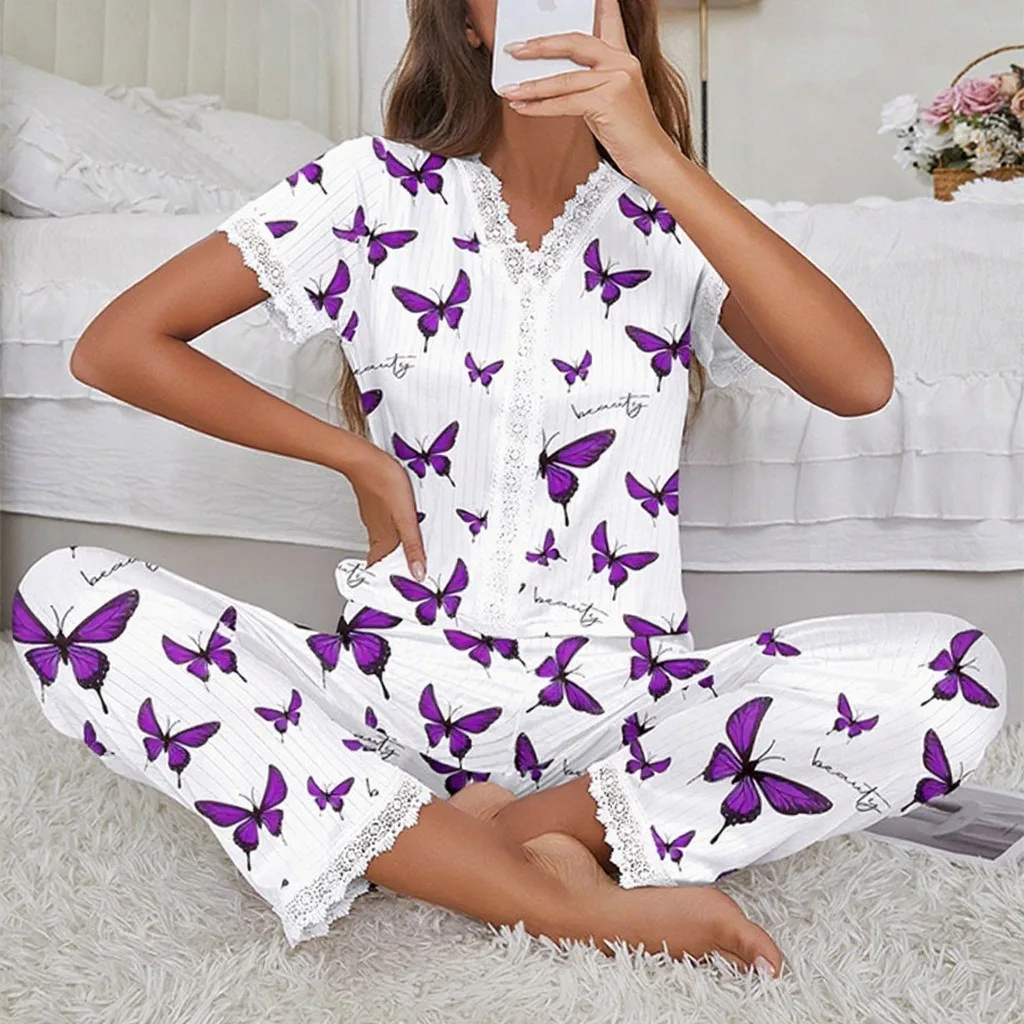 Lace Trim Women Pajama Set Short Sleeve Front Button Top & Full-Length Pants Cherry Print 2 Pieces Sleepwear Nightwear Homewear