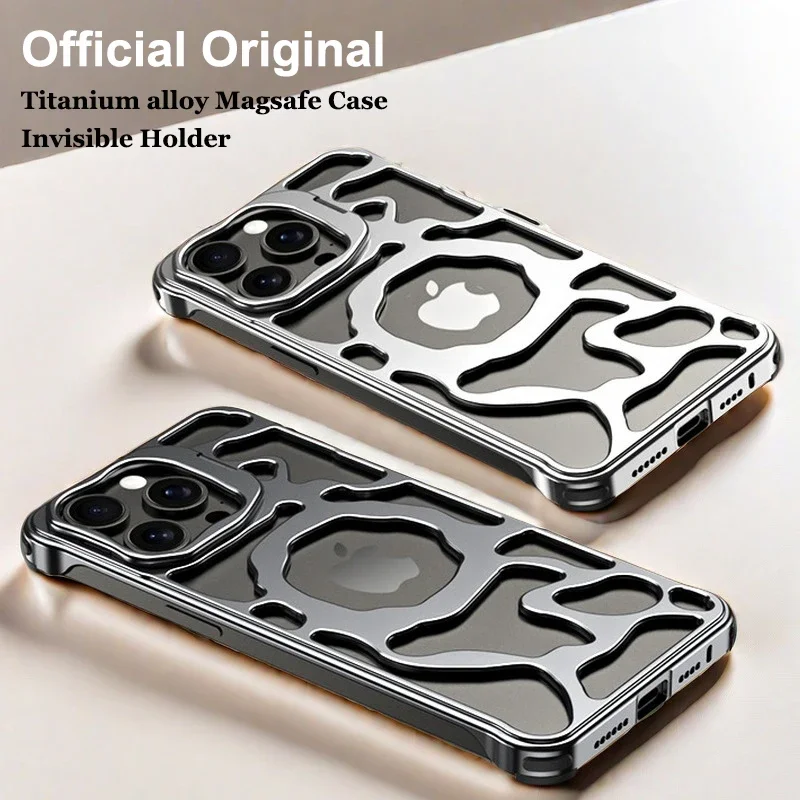 Titanium Alloy MagSafe Case For iPhone 15 16 Pro Max Metal Camera Holder Geometric Cloud Hollow Cooling Heat Dissipation Cover