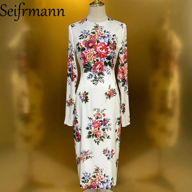 Seifrmann Sommer Neues Damenkleid Langärmeliges Elegantes Bedrucktes Hochgeschnittenes Figurbetontes Hüftwickel-Seidenkleid