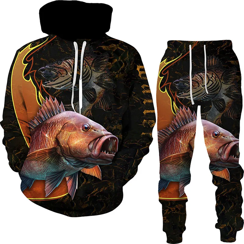 Men Women Hoodie Pants 2Pcs Set Tracksuit Harajuku Camo Love Fishing Hunting Camping Clothes Fashion Outdoor Sportswear S-6XL